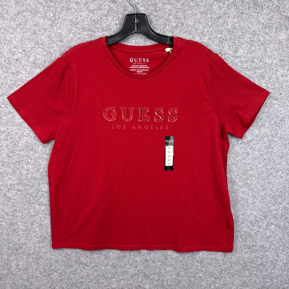 Guess T-Shirt Cammie Tee XXL Red Glitter Logo Relaxed Fit Cotton Spandex NWT